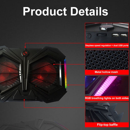 YL-017 2-Fans RGB Lighting Effect Silent Adjustable Speed Laptop Cooling Stand(Black) by buy2fix