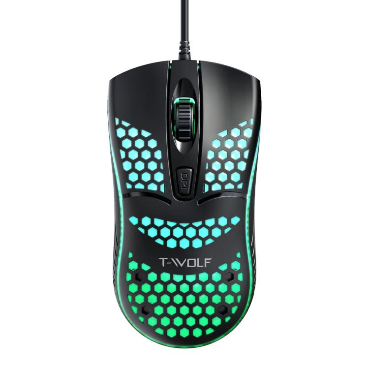 T-WOLF V15 Honeycomb Wired USB Gaming Mouse with RGB Lighting Ergonomic Hollow Design for PC Office Home Use(Black) - Wired Mice by T-WOLF | Online Shopping UK | buy2fix