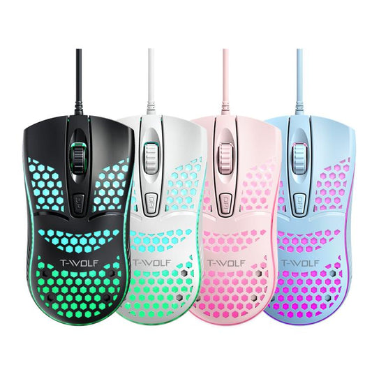 T-WOLF V15 Honeycomb Wired USB Gaming Mouse with RGB Lighting Ergonomic Hollow Design for PC Office Home Use(White) - Wired Mice by T-WOLF | Online Shopping UK | buy2fix