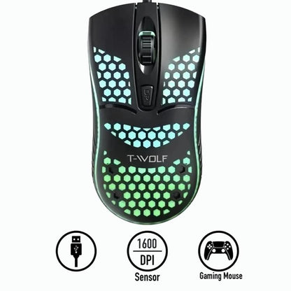 T-WOLF V15 Honeycomb Wired USB Gaming Mouse with RGB Lighting Ergonomic Hollow Design for PC Office Home Use(Black) - Wired Mice by T-WOLF | Online Shopping UK | buy2fix