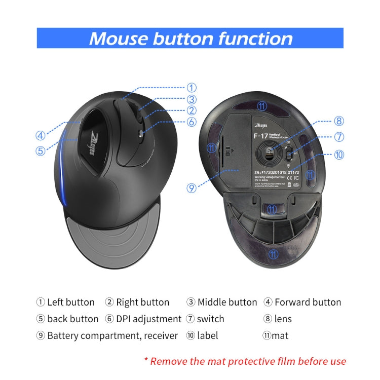 ZELOTES F17 6-buttons Vertical Grip Ergonomic Wireless Mouse(Black) by ZELOTES