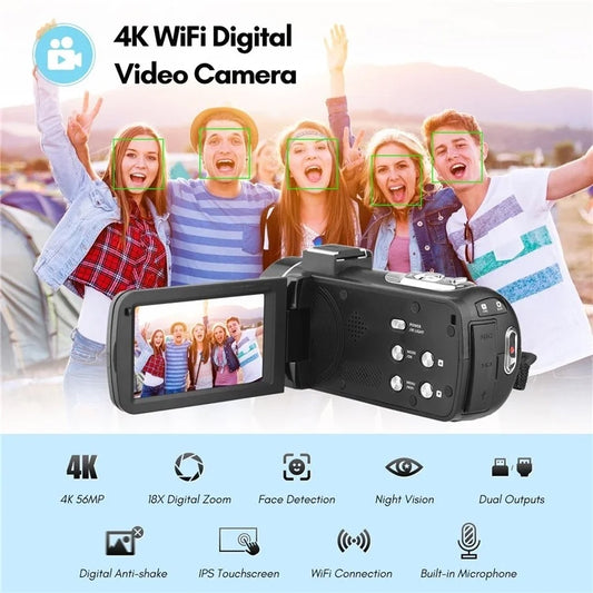 4K Digital Video Camera 3 Inch IPS Touch Screen 56MP 18X Digital Zoom WiFi Camcorder, Spec: Standard by buy2fix