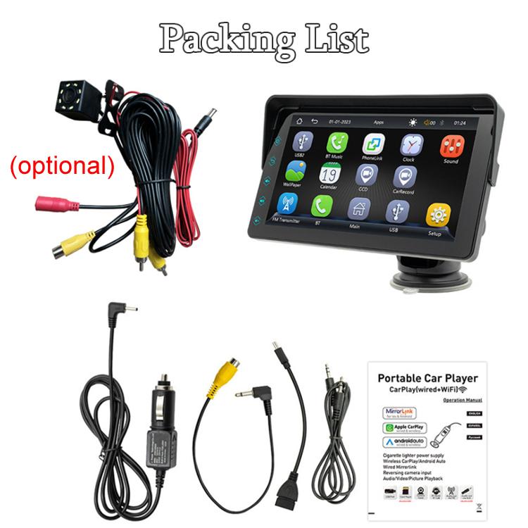 7 Inch Bluetooth 5.0 Portable CarPlay Monitor, Specifications: Display + Camera by buy2fix