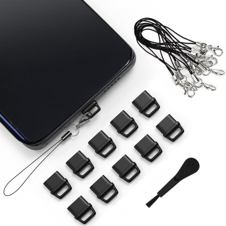 USB-C Charging Port Phone Dust Plug Lanyard Cleaning Brush Set(Black) - Anti-dust & Ear Caps by buy2fix | Online Shopping UK | buy2fix