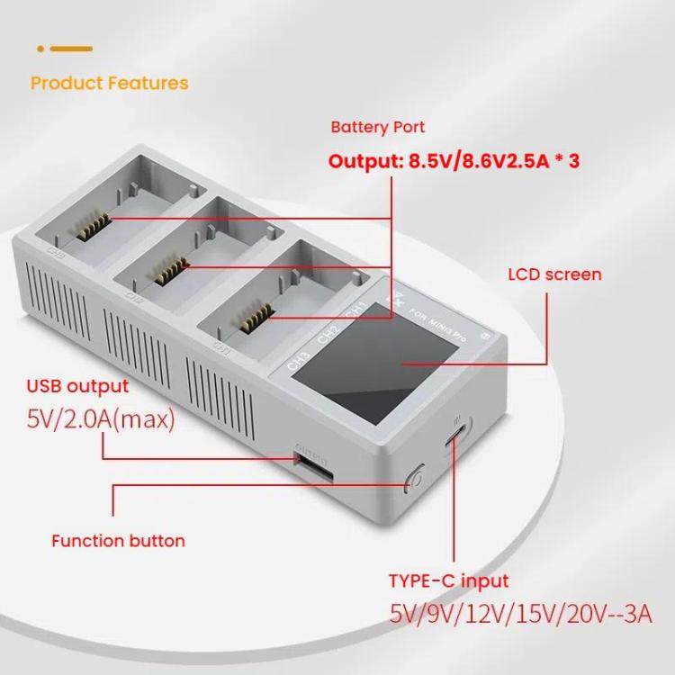 For DJI Mini 4 Pro / Mini 3 Pro / Mini 3 YX Color Screen 3-Way Charger Battery Manager Without Plug - Other by YX | Online Shopping UK | buy2fix