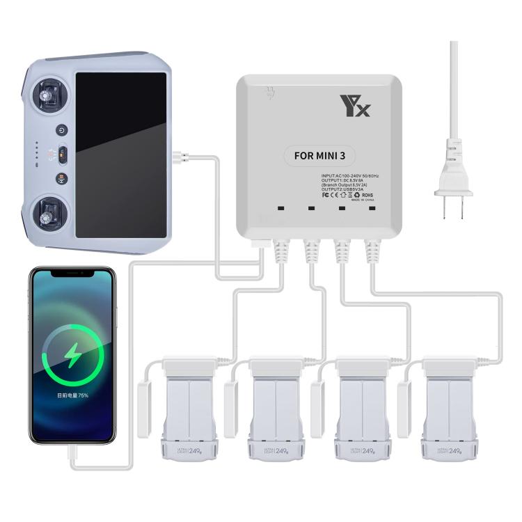 For DJI Mini 4 Pro / Mini 3 Pro / Mini 3 Drone YX 4-way Charger Battery Butler EU Plug - Other by YX | Online Shopping UK | buy2fix