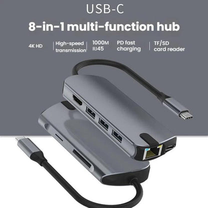 8-In-1 USB-C/Type-C Gigabit Ethernet Port Docking Station Hub HDMI 4K 30Hz - HUB with Lan adapter by buy2fix | Online Shopping UK | buy2fix
