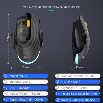 MKESPN W601 Silent Wireless Tri-mode Macro Gaming Mouse Carbon Fiber 12800DPI Bluetooth Mouse(White) - Wireless Mice by MKESPN | Online Shopping UK | buy2fix