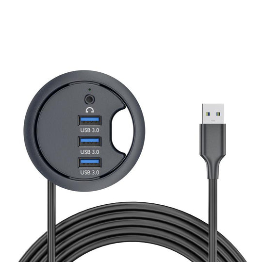 3xUSB3.0+3.5mm Desk Grommet Splitter HUB Dock Station, Cable Length 1.2m