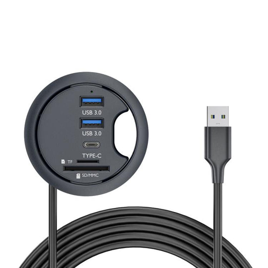 2xUSB3.0+USB-C+SD/MMC Desk Grommet Splitter HUB Dock Station, Cable Length 1.2m