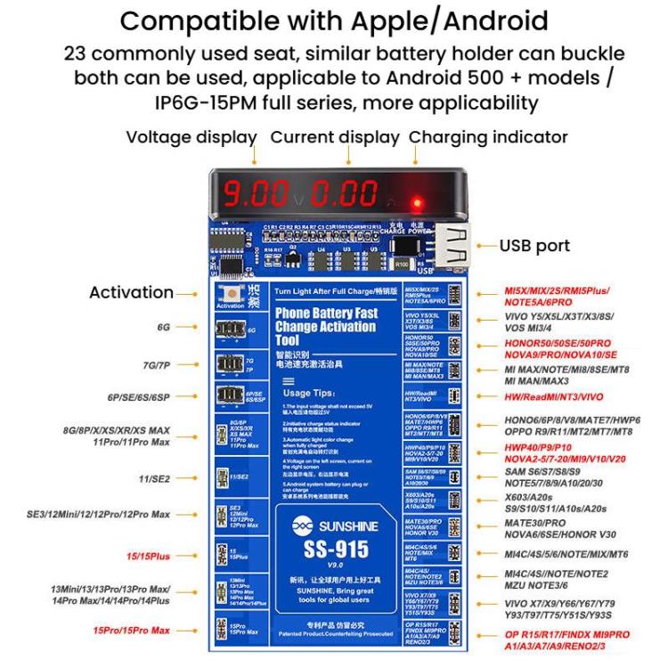SUNSHINE SS-915 For iPhone Android Mobile Phone Repair Battery Charging Activation Board V9 Battery Test Activation Board Tool - Test Tools by SUNSHINE | Online Shopping UK | buy2fix