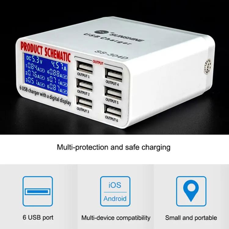 SUNSHINE SS-304D 6-Port USB Smart Charger Multi-Port Digital Display Fast Charging For Mobile Phone(US Plug) - Multifunction Charger by SUNSHINE | Online Shopping UK | buy2fix