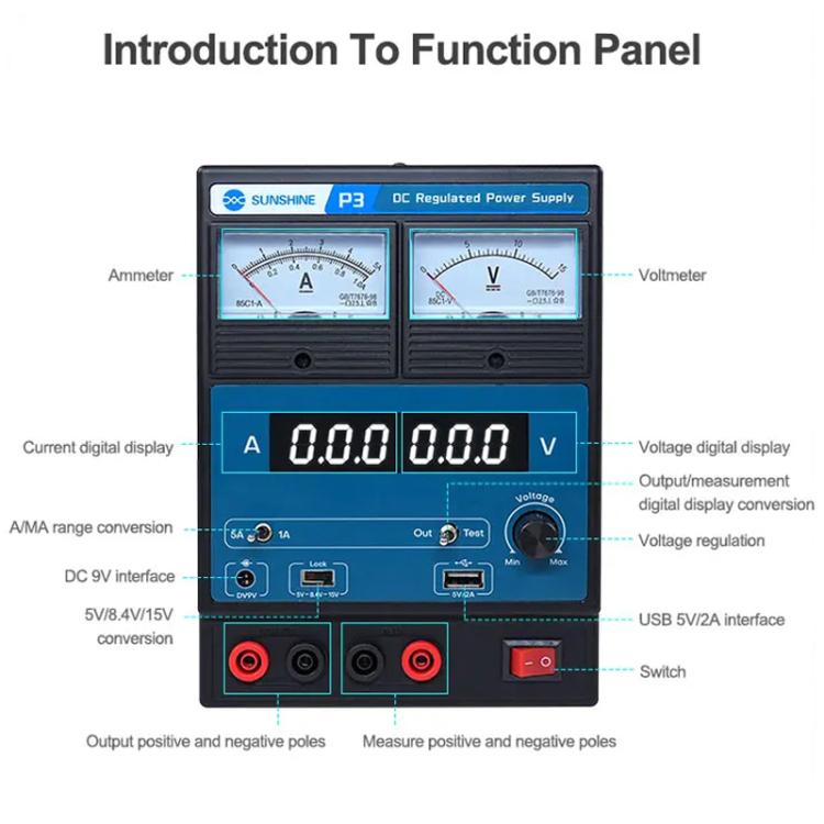 SUNSHINE P3 DC Regulated Power Supply 5V/8.4V/15V Switching Mobile Phone Repair Regulated Power Supply Meter(US Plug 110V) - Power Supply by SUNSHINE | Online Shopping UK | buy2fix
