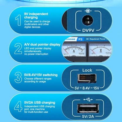 SUNSHINE P3 DC Regulated Power Supply 5V/8.4V/15V Switching Mobile Phone Repair Regulated Power Supply Meter(EU Plug 220V) - Power Supply by SUNSHINE | Online Shopping UK | buy2fix