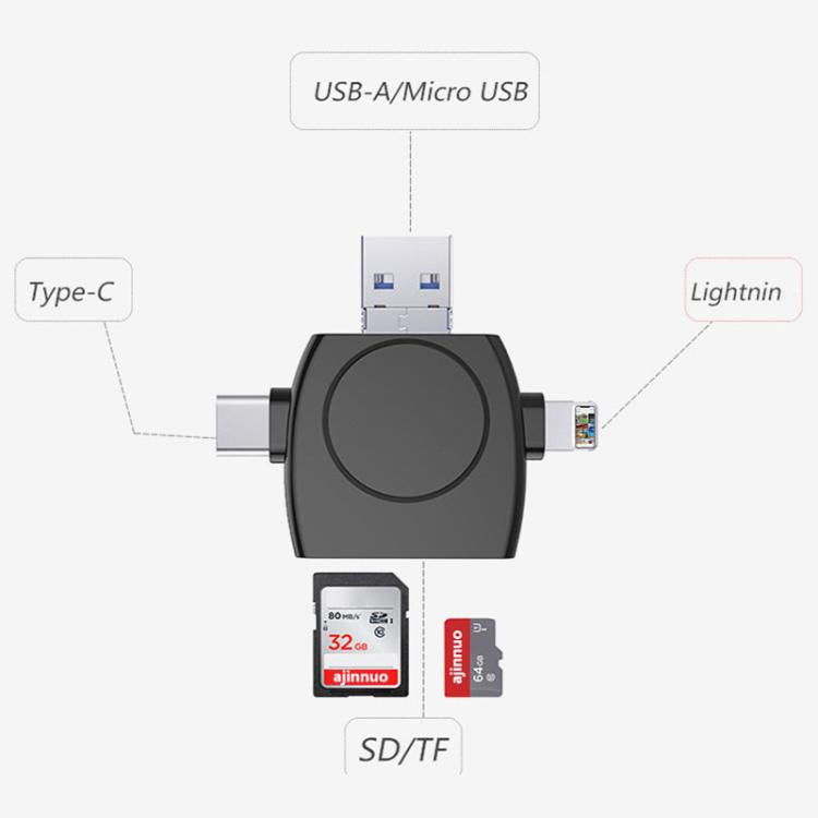 USB-A To USB-C / Type-C + Micro USB + 8 Pin 6-In-1 Round Multifunctional Card Reader(White) - U Disk & Card Reader by buy2fix | Online Shopping UK | buy2fix