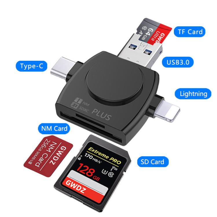 USB 3.0 To USB-C / Type-C / 8 Pin 6-In-1 Multifunctional TF / SD / NM Card Reader(Black) - U Disk & Card Reader by buy2fix | Online Shopping UK | buy2fix