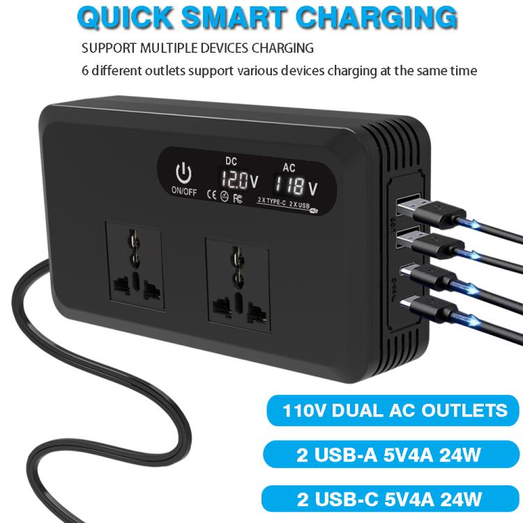 Gurxun Dual Digital Display Car Inverter With 2 USB+2 Type-C Ports US Plug 110V - Modified Square Wave by Gurxun | Online Shopping UK | buy2fix