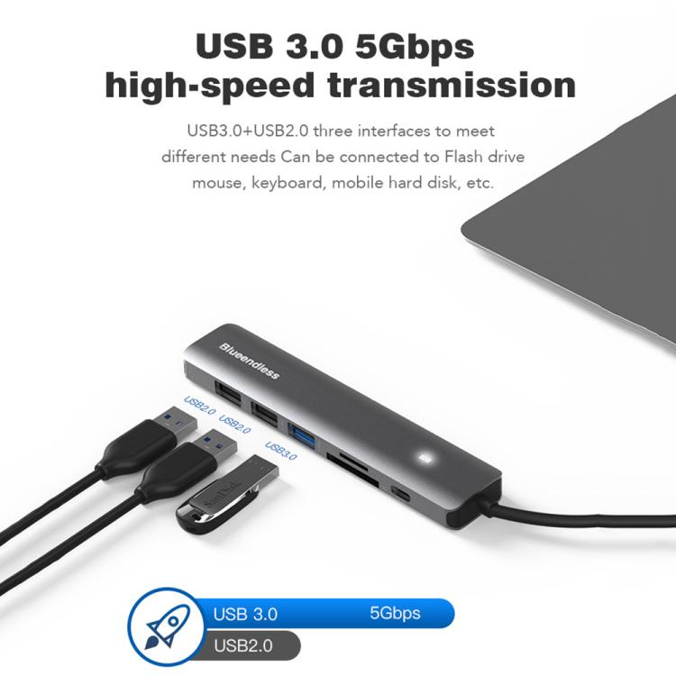 5-in-1 HDMI + PD + USB3.0 + USB2.0 x 2 Blueendless Multifunctional Type-C Docking Station - USB HUB by Blueendless | Online Shopping UK | buy2fix