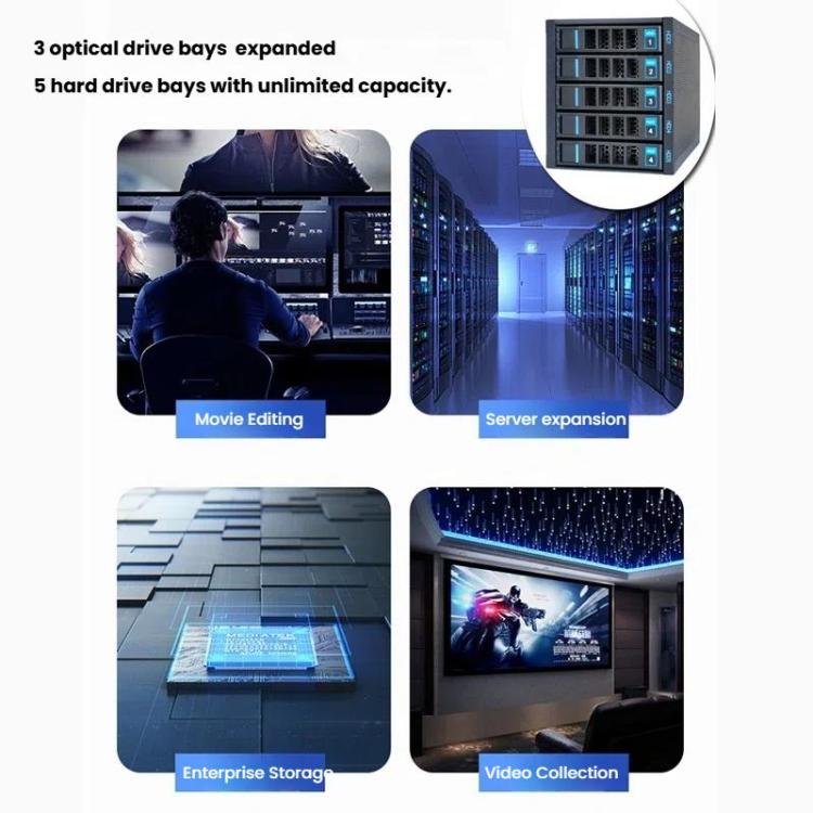 5-Bay Hot Swap Hard Drive Cage 3.5"/2.5" HDD/SSD Compatible For 3x5.25" Optical Drive Position - HDD Enclosure by buy2fix | Online Shopping UK | buy2fix
