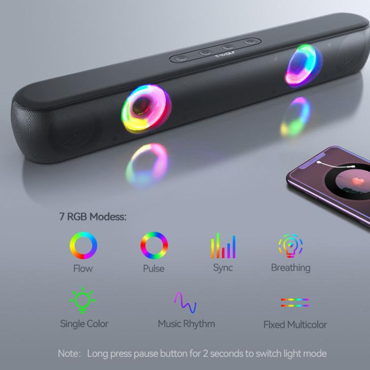 T-WOLF B320 TWS RGB Bluetooth 5.0 Speaker Desktop Soundbar Subwoofer Support USB / AUX / TF / FM(Black) - Desktop Speaker by T-WOLF | Online Shopping UK | buy2fix