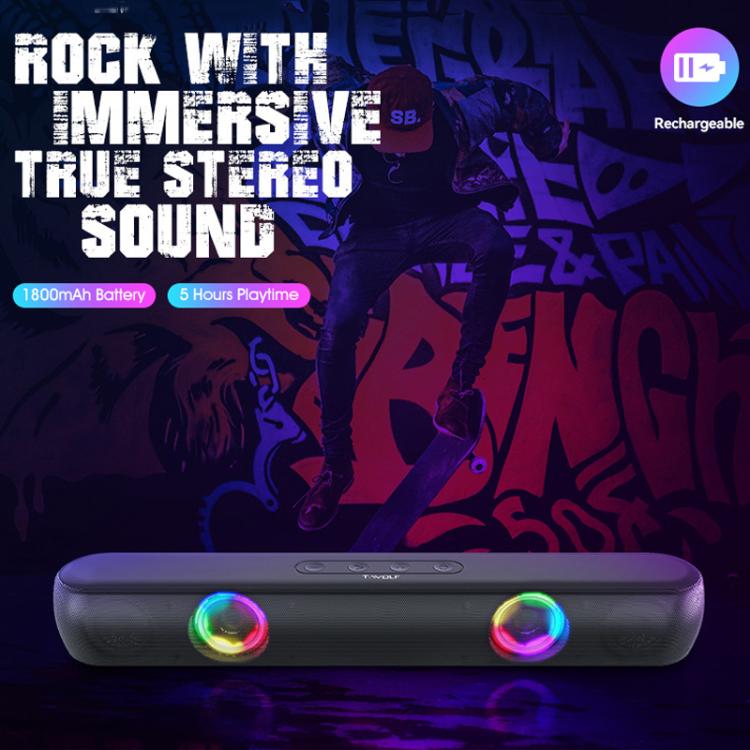 T-WOLF B320 TWS RGB Bluetooth 5.0 Speaker Desktop Soundbar Subwoofer Support USB / AUX / TF / FM(Black) - Desktop Speaker by T-WOLF | Online Shopping UK | buy2fix