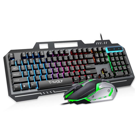 T-WOLF TF600 104-Key Wired Backlit Keyboard and Mouse Combo with Metal Panel & Phone Stand(Black) - Wired Keyboard by T-WOLF | Online Shopping UK | buy2fix