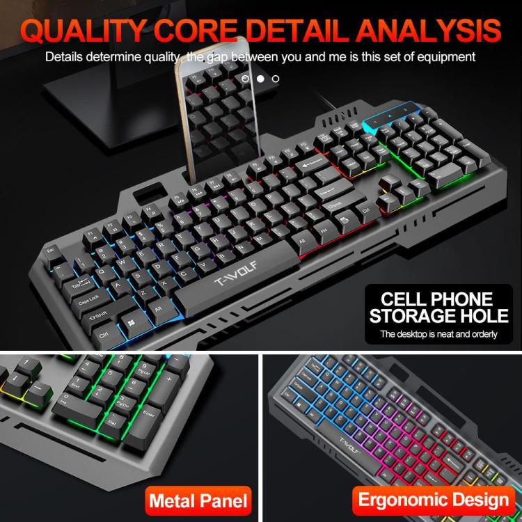 T-WOLF TF600 104-Key Wired Backlit Keyboard and Mouse Combo with Metal Panel & Phone Stand(Black) - Wired Keyboard by T-WOLF | Online Shopping UK | buy2fix