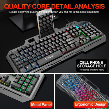 T-WOLF TF600 104-Key Wired Backlit Keyboard and Mouse Combo with Metal Panel & Phone Stand(Black) - Wired Keyboard by T-WOLF | Online Shopping UK | buy2fix