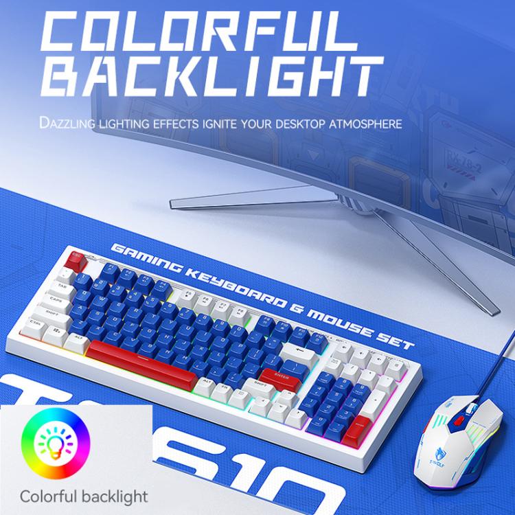 T-WOLF  TF610 USB-C/Type-C Wired 98 Keys Keyboard and Mouse Combo Dual-Tone Keycaps Gaming Set(White Blue) - Wired Keyboard by T-WOLF | Online Shopping UK | buy2fix