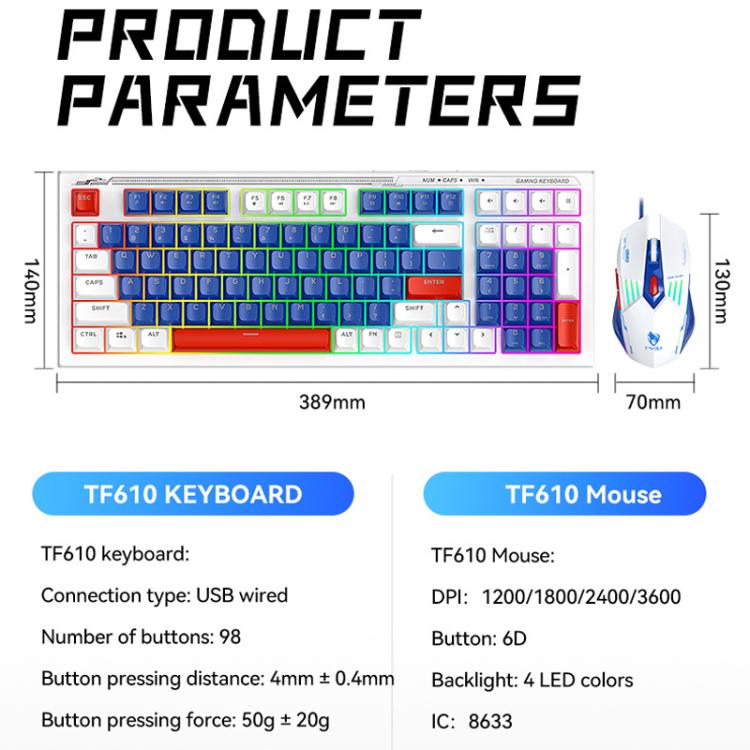 T-WOLF  TF610 USB-C/Type-C Wired 98 Keys Keyboard and Mouse Combo Dual-Tone Keycaps Gaming Set(White Blue) - Wired Keyboard by T-WOLF | Online Shopping UK | buy2fix