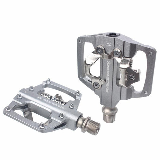 RACEWORK RK213 1pair Mountain Bike SPD + Flat Pedal Self-locking Dual-purpose Pedal(Silver)