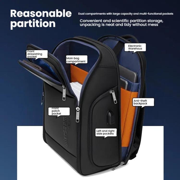 Wiersaam Men Waterproof Anti-Theft Business Backpack Travel Laptop Bag With USB Charging Port & Password Lock Large - Backpack by wiersaam | Online Shopping UK | buy2fix