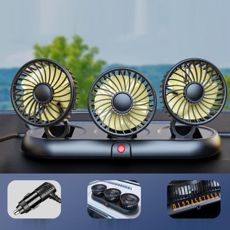 Car Three-head Adjustable Folding Multifunctional Fan With Number Plate(Yellow 12V Cigarette Lighter) - Heating & Fans by buy2fix | Online Shopping UK | buy2fix