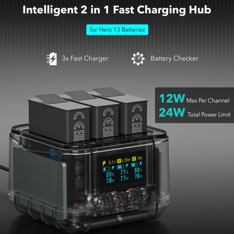 For GoPro HERO13 Black Super Fast Charger Dock Battery Charging Station With OLED Screen Display(Transparent Black) - Charger by buy2fix | Online Shopping UK | buy2fix