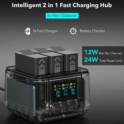 For GoPro HERO13 Black Super Fast Charger Dock Battery Charging Station With OLED Screen Display(Transparent Black) - Charger by buy2fix | Online Shopping UK | buy2fix