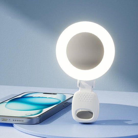 Clip-On Selfie Ring Light with Mirror Rechargeable Portable Makeup Light 3 Adjustable Color Temperatures(White)