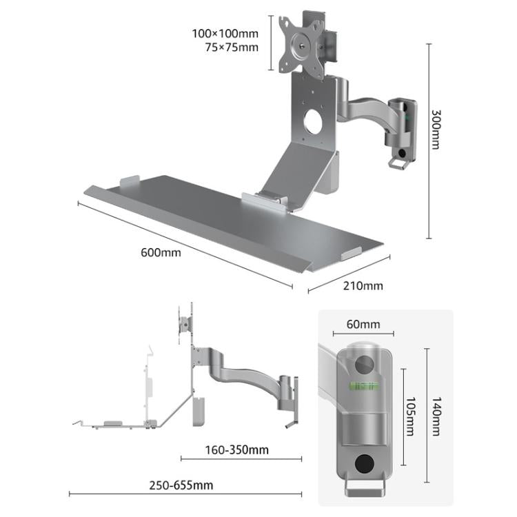 Monitor Bracket Industrial Equipment Cabinet Wall Mount All-In-One Stand Mouse Keyboard Bracket, Style: WKS-2 21x60cm Tray Silver - Host Bracket by buy2fix | Online Shopping UK | buy2fix