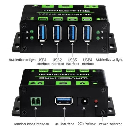 WAVESHARE USB3.2-Gen1-HUB-4U 4 Way USB 3.2 Hub 1 To 4 Metal Case Extender - USB 3.0 HUB by WAVESHARE | Online Shopping UK | buy2fix