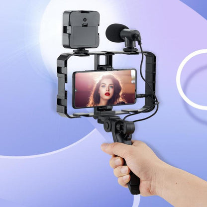 Smartphone Cage Stabilizer with Microphone & LED Fill Light - Anti-Shake Handheld Gimbal for Vlogging - Stand by buy2fix | Online Shopping UK | buy2fix
