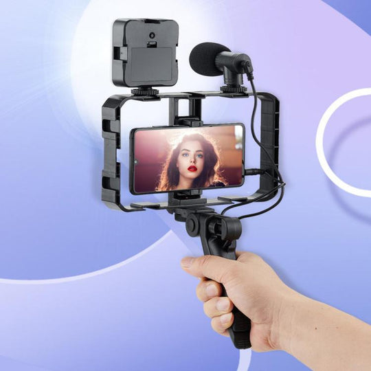 Smartphone Cage Stabilizer with Microphone & LED Fill Light - Anti-Shake Handheld Gimbal for Vlogging