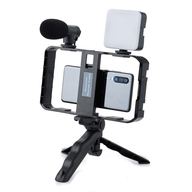 Smartphone Cage Stabilizer with Microphone & LED Fill Light - Anti-Shake Handheld Gimbal for Vlogging - Stand by buy2fix | Online Shopping UK | buy2fix
