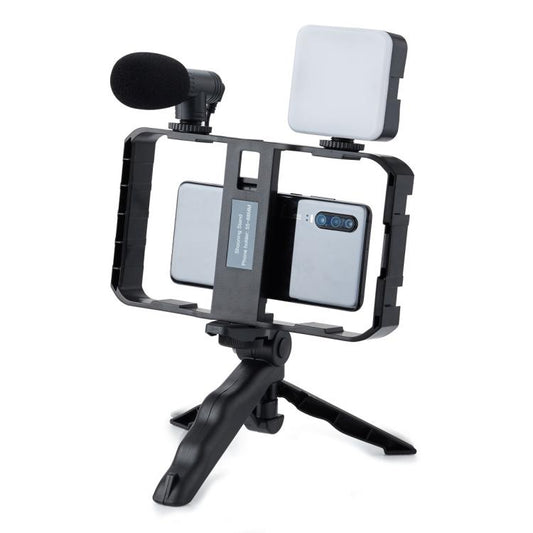 Smartphone Cage Stabilizer with Microphone & LED Fill Light - Anti-Shake Handheld Gimbal for Vlogging - Stand by buy2fix | Online Shopping UK | buy2fix
