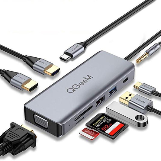 QGeeM 9 In 1 USB-C/Type-C Docking Station Hub VGA+2xHDMI+PD 87W+USB2.0/USB3.0+SD/Micro SD+3.5mm - USB HUB by QGeeM | Online Shopping UK | buy2fix