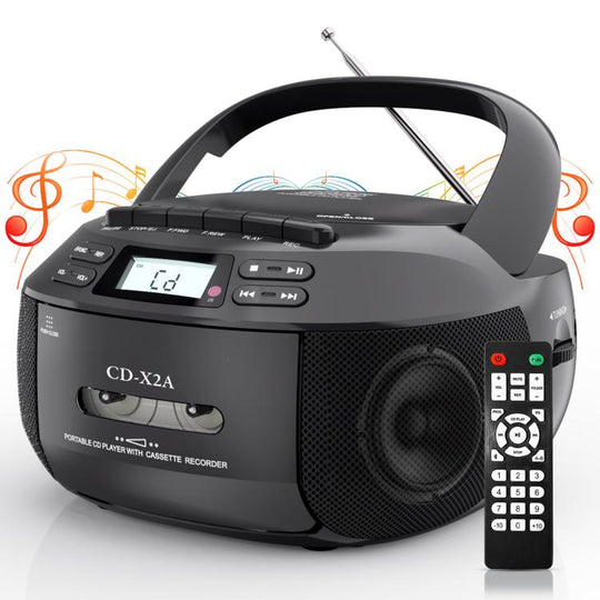X2A Portable Cassette Player Stereo Bluetooth AM/FM/MP3 Music CD Player Tape Recorder EU Plug(Black)