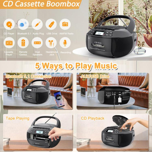 X2A Portable Cassette Player Stereo Bluetooth AM/FM/MP3 Music CD Player Tape Recorder AU Plug(Black) - DVD & LCD Player by buy2fix | Online Shopping UK | buy2fix