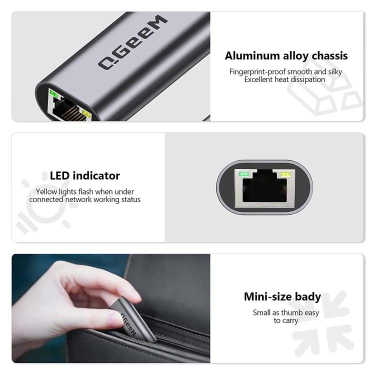 QGeeM  USB-A To RJ45 LAN Converter Gigabit Ethernet Adapter for Laptop, PC, Smartphone, Plug & Play Cable Length 15cm - Cable & Adapters by QGeeM | Online Shopping UK | buy2fix