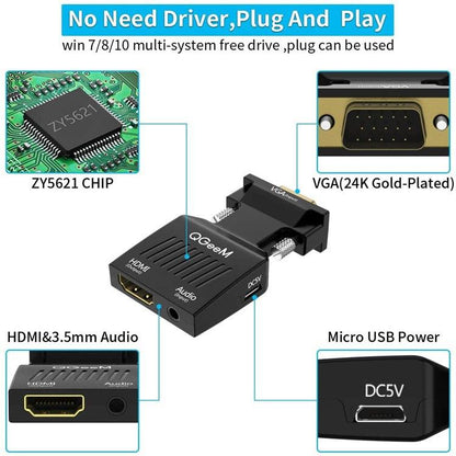 QGeeM VGA Male To HDMI Female Adapter With 5V Micro USB Power & Audio Transmission 1080P 60Hz(Black) - VGA Converter by QGeeM | Online Shopping UK | buy2fix