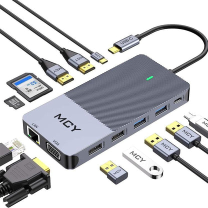 MCY 12-In-1 USB-C Hub With Triple Monitor Support (1000Mbps Lan+VGA+USB3.0/USB2.0+SD/TF+2 HDMI 4K 30Hz+85W PD） - HUB with Lan adapter by MCY | Online Shopping UK | buy2fix
