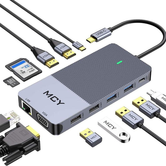 MCY 12-In-1 USB-C Hub With Triple Monitor Support (1000Mbps Lan+VGA+USB3.0/USB2.0+SD/TF+2 HDMI 4K 30Hz+85W PD） - HUB with Lan adapter by MCY | Online Shopping UK | buy2fix