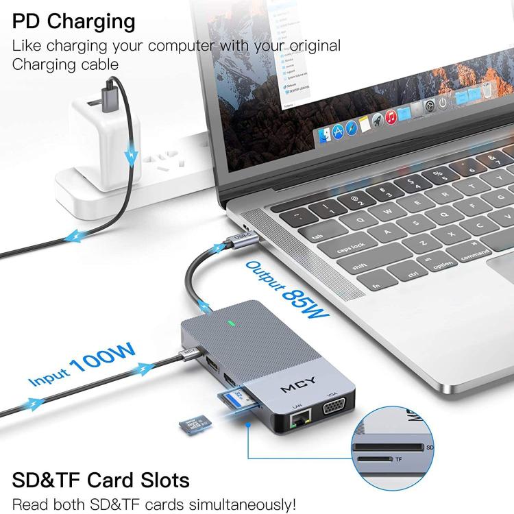 MCY 12-In-1 USB-C Hub With Triple Monitor Support (1000Mbps Lan+VGA+USB3.0/USB2.0+SD/TF+2 HDMI 4K 30Hz+85W PD） - HUB with Lan adapter by MCY | Online Shopping UK | buy2fix